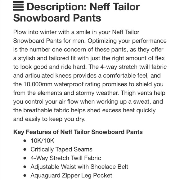 Neff Tailor Snow Pants XL - Picture 2 of 5